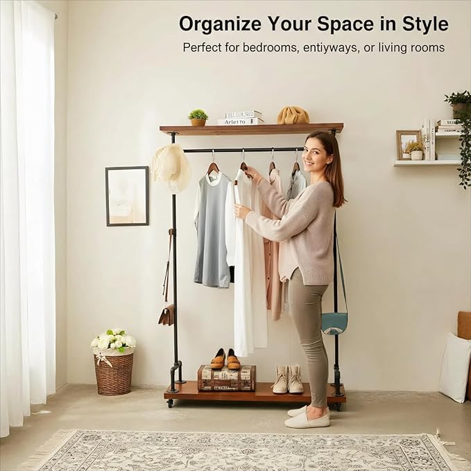 Industrial Pipe Clothing Racks, Rolling Garment Racks, Hall Tree on Lockable Wheels with Shelves and Shoes Storage, Heavy Duty Clothes Rack (two tiers garment rack)