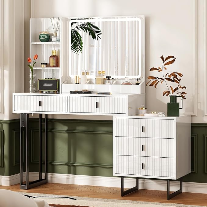 Large Vanity Desk with 3 Color Touch Screen Dimming Mirror, Vanity Desk with Charging Station, Modern Retractable Makeup Dressing Table, Makeup Table With storage shelves and 5 Sliding Drawers, White