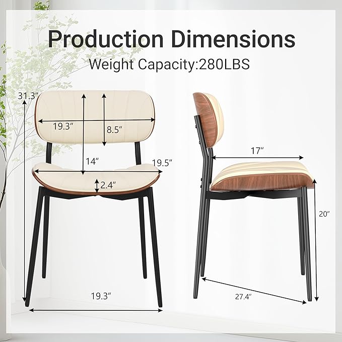 Mid Century Modern Dining Chairs Set of 6,Upholstered Faux Leather Kitchen Chairs with Walnut Bentwood Back and Metal Legs for Kitchen Dining Room Living Room, Beige
