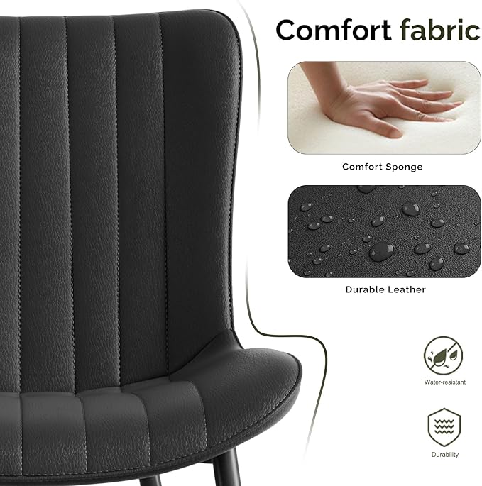 Dining Chairs, Modern Dining Room Chair 16 inch Leather with Wooden and Metal Frame, Set of 2 (Black)