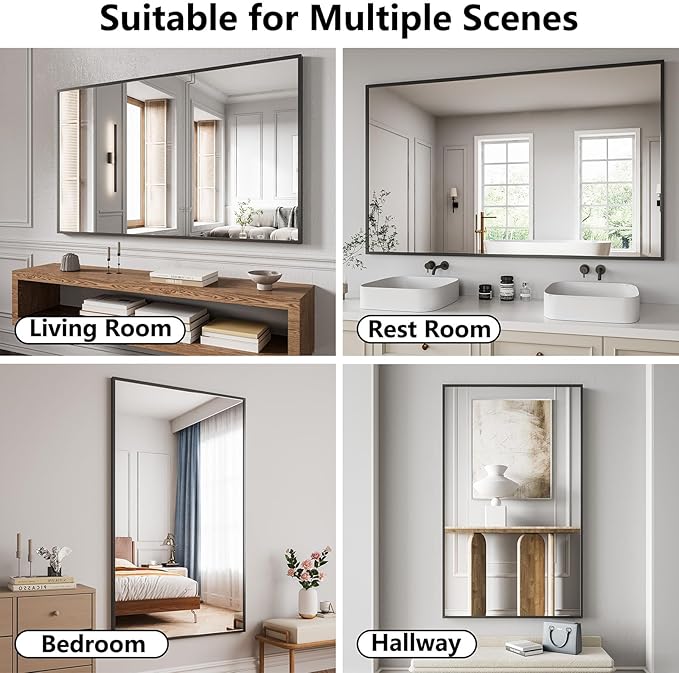 Bathroom Mirror 36"x60" Matte Black Rectangle Bathroom Wall Mirror for Over Sink, Modern Large Vanity Mirror, HD Tempered Glass, Anti-Rust Aluminum Alloy Frame, for Living Room, Bedroom, Entryway