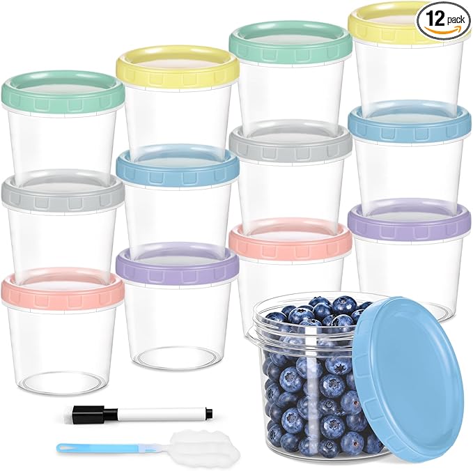 12pcs 10 oz Plastic Containers with Screw Lids, Reusable Clear Food Storage Containers with Pen and Brush for Snack Salad Fruit, Leakproof Small Freezer Container, Microwave & Dishwasher Safe