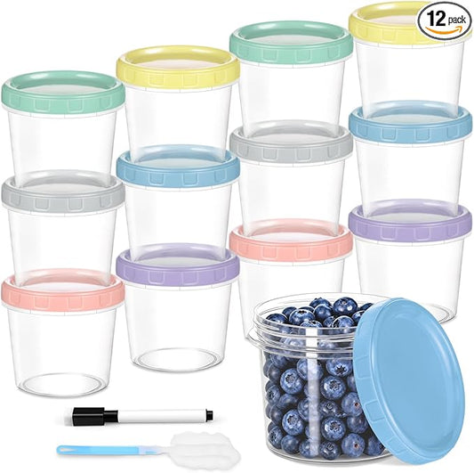 12pcs 10 oz Plastic Containers with Screw Lids, Reusable Clear Food Storage Containers with Pen and Brush for Snack Salad Fruit, Leakproof Small Freezer Container, Microwave & Dishwasher Safe