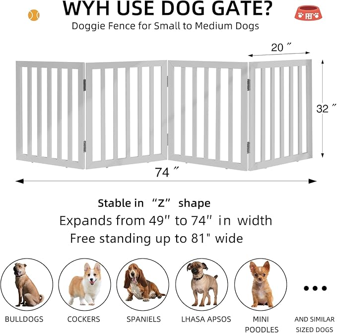ZJSF Freestanding Indoor Dog Gate for House Foldable Wood White Puppy Gate for Doorways Pet Gate for Stairs Extra Wide Pet Fence 32" Height 4 Panels