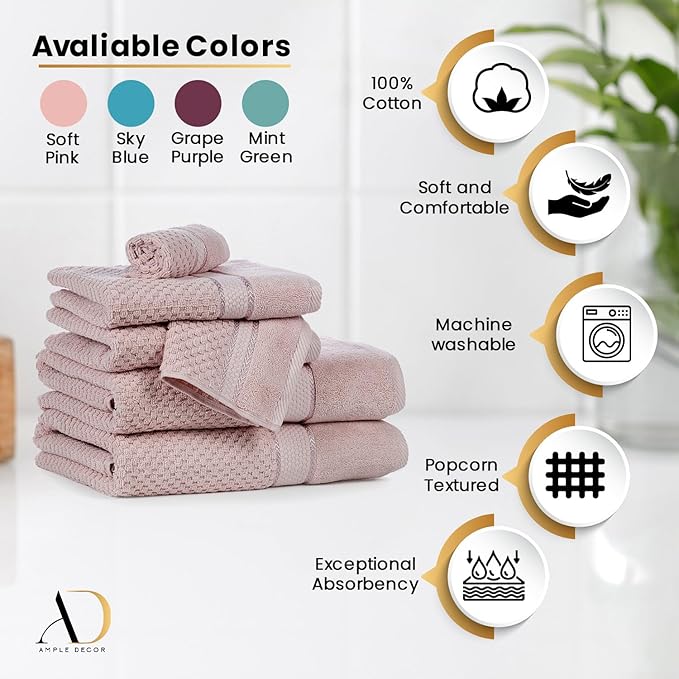 Ample Decor 100% Cotton Soft Pink Bath Towel for Bathroom Set of 4 Popcorn Textured - Super Soft, Quick-Dry, Highly Absorbent, Lightweight, Machine Washable - Mulaayam Collection - 30 X 54 Inch
