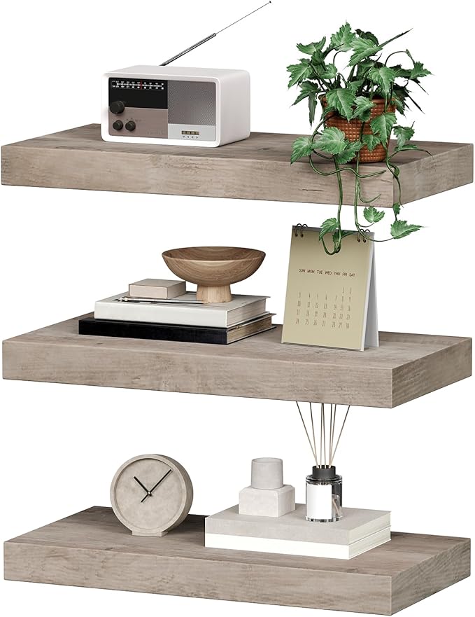 Floating Shelves for Wall, 1.5" Thick Wall Shelf Set of 3 with Invisible Brackets, 15.7L x 7.9W Hanging Book Shelves Farmhouse Home Decor for Bathroom, Living Room, Bedroom, Greige 4301BJP3BG