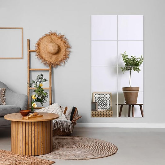 8 Pack 10x10 Inch Acrylic Mirror Tiles, Self-Adhesive Wall Mirror Full Length, Shatterproof Flexible Plastic Mirror Sheets for Bedroom, Home Gym, Door, Frameless Body Mirror