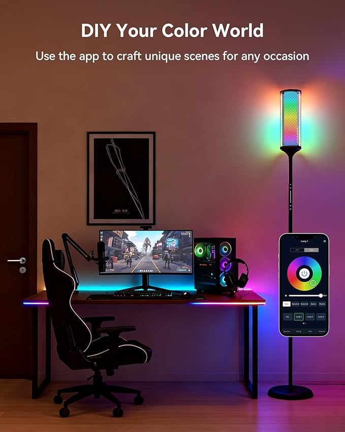 JOOFO RGBICW Corner Floor Lamp with Glass Shade, Color Changing LED Lamp with Music Sync, Smart App & Remote Control, Ambient Lighting with 16 Million Colors for Bedroom, Living Room, Gaming Room