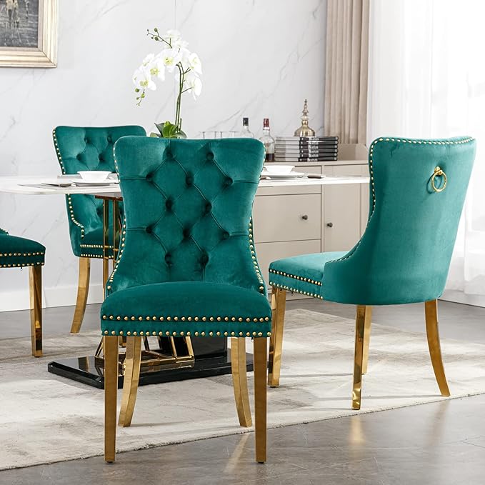 Luxury Upholstered Dining Chairs Set of 8, Green Kitchen Chair with Golden Metal Legs, Velvet Tufted Back Dining Chair, Sillas de Comedor, Modern Kitchen & Dining Room Chairs (Green, 8 Pcs)