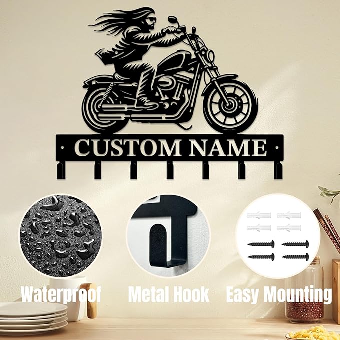 Personalized Custom Name Motorcycle Keys Hooks,Metal Motorcycle Art Clothes Keys Hooks,Metal Motorcycle Lover Wall Home Storage Decorative Keys Hooks,Key Holder Hooks for Wall (Style B)