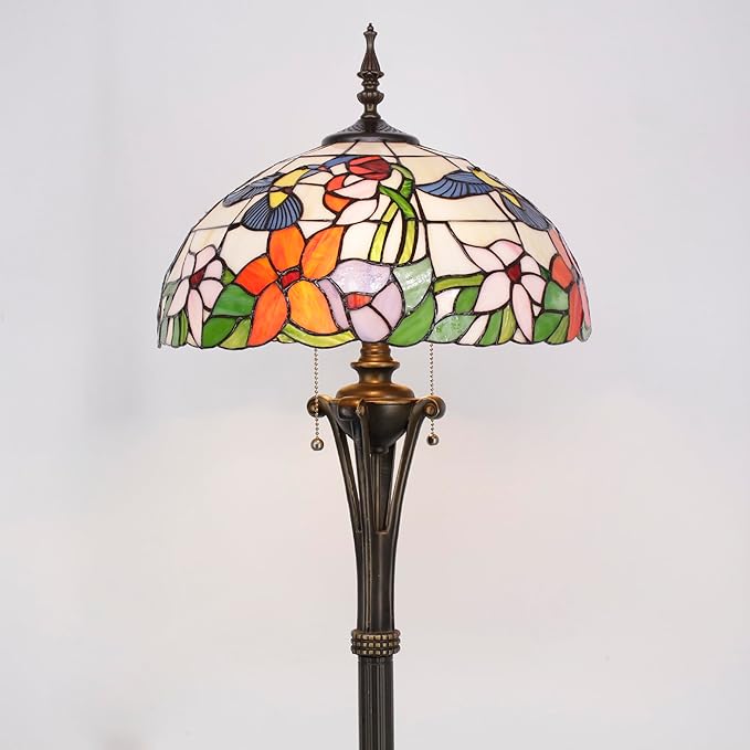 Tiffany Floor Lamp Amber Hummingbird Stained Glass Standing Reading Light 16X16X70 Inches Antique Pole Corner Lamp Decor Bedroom Office Living Room