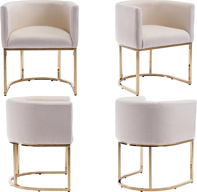 Linen Fabric Dining Chairs Set of 4 Modern Barrel Arm Chairs with Golden Frame, Upholstered Kitchen Chairs 18.5" Wide Accent Chairs for Living Room Dining Room Restaurant, Cream