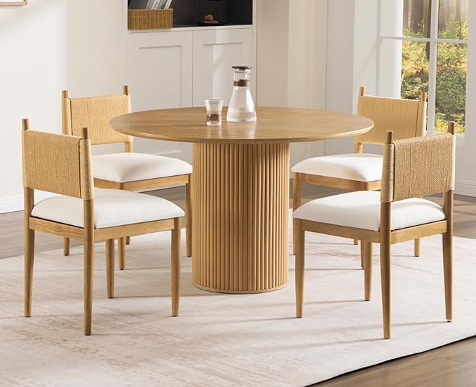 CIMOTA Modern Dining Chairs Set of 4, Mid Century Upholstered Dining Room Chairs with Woven Back, Armless Kitchen Chairs with Natural Solid Wood Legs, Linen Beige