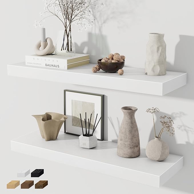 Fun Memories White Floating Shelves for Wall Set of 2, 28" White Floating Shelves for Home Decor, Rustic Wood Wall Mounted Shelf, Hanging Deep Shelf for Living Room, Bedroom, Bathroom, Kitchen