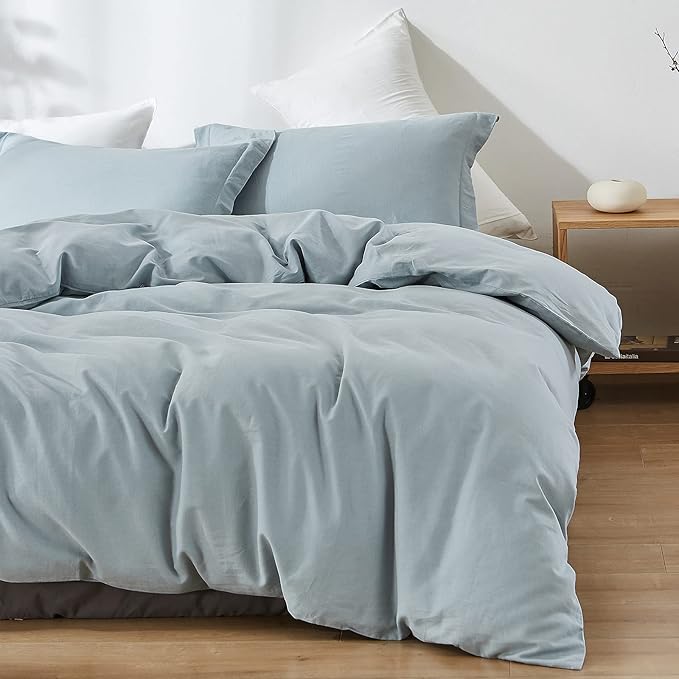 Simple&Opulence French Linen Duvet Cover Set 68" x 86"- 2 Pieces (1 Comforter Cover,1 Pillowcase)- Natural Flax Cotton Blend-Solid Color Breathable Farmhouse Bedding-Dusty Blue, Twin