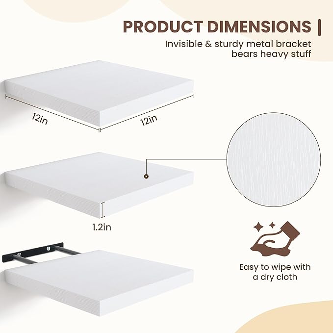 Fun Memories Floating Shelves for Wall - 12 Inch Square Shelves with Invisible Brackets, Small Wall Shelf for Living Room, Bathroom, Bedroom, and Kitchen Decor，Set of 3
