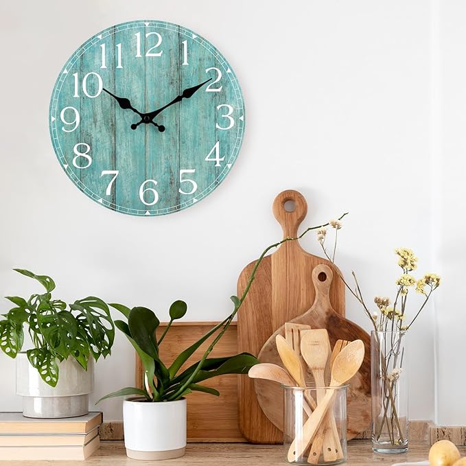HYLANDA Wall Clock, Teal Silent Non-Ticking Battery Operated, Kitchen Rustic Vintage Decorative Aqua Clocks for Bathroom Bedroom Living Room Office 8 Inch