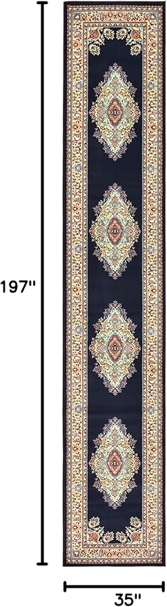 Unique Loom Reza Collection Traditional Persian Style Area Rug, Runner 3' 0" x 16' 5", Navy Blue/Ivory