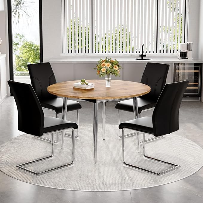 42" Round Dining Table for 4, 54" Oval Dining Table for 6, Extendable Kitchen & Dining Room Table with Metal Legs, Modern Rustic Space-Saving Adjustable Shape Dinner Table, Easy Assembly,Oak