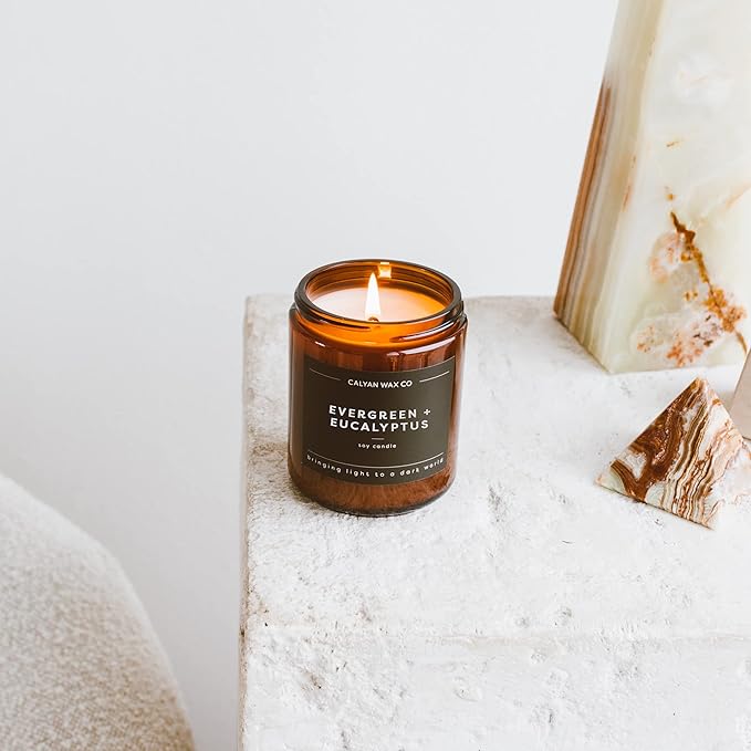 Calyan Wax Co. Evergreen & Eucalyptus Scented Candle - 57 Hour Burn - Luxury Non Toxic Soy Wax Candles - Long Lasting Amber Glass Jar Candle for Home - 7.2oz