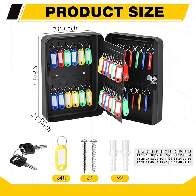 Ripeng 48-Keys Key Lock Box Wall Mount Steel Cabinet Security Holder with Tags and Hooks Key Organizer Wall Safe Storage for Car Office Hotel House Rental Business, Black