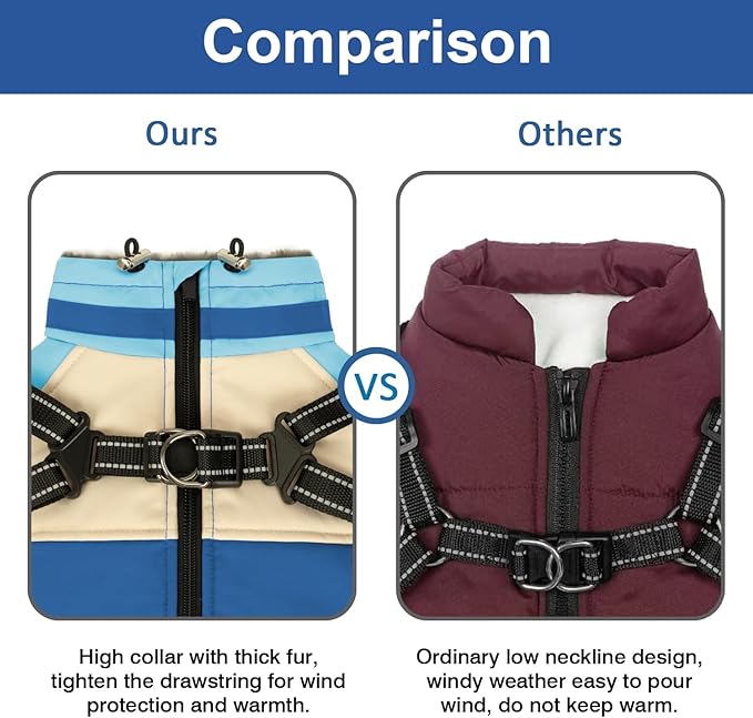 Dog Winter Coat, Waterproof Dog Jacket Warm Dog Coat, Windproof Turtleneck Dog Fleece Vest with Harness Built in, Reflective Dog Snow Jacket Snowsuit for Small Medium Large Dogs, Blue S