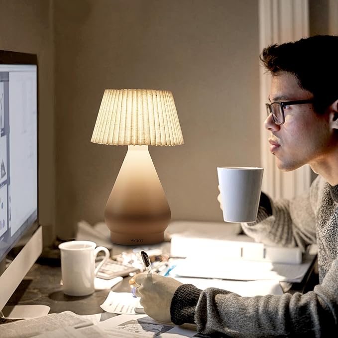 Modern Cordless Table Lamp Rechargeable, Portable LED Desk Lamp,Touch Control 3 Colors Stepless Dimming with Pleated Lampshade for Restaurant, Bedroom,Outdoor Camping, Night Light (White)