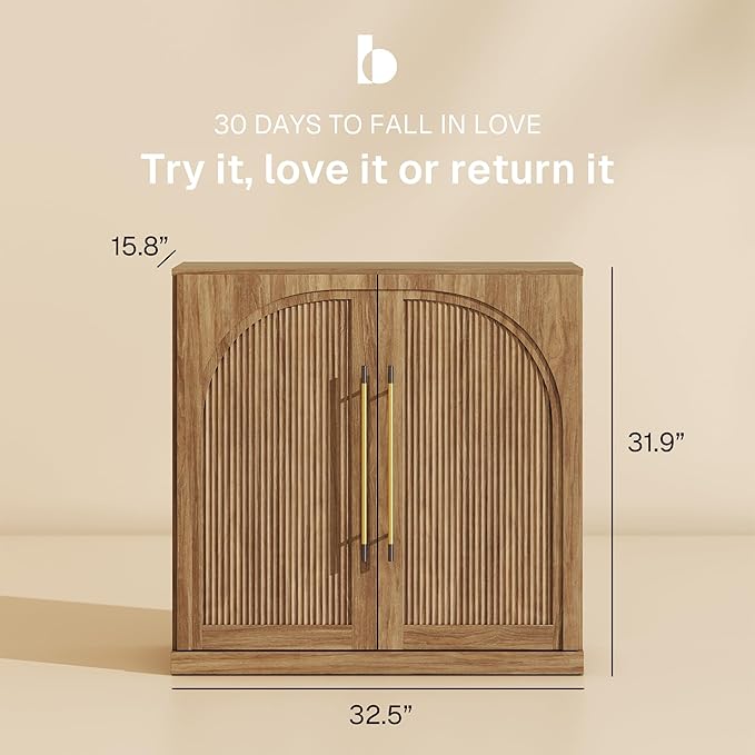 BELLEZE Set of 2 Modular Sideboard with Double-Arc Wood Doors, Small Arched Buffet Cabinet with Storage and Adjustable Shelves, Classic Modern Credenza for Dining Room, Living Room or Entryway(Camel)