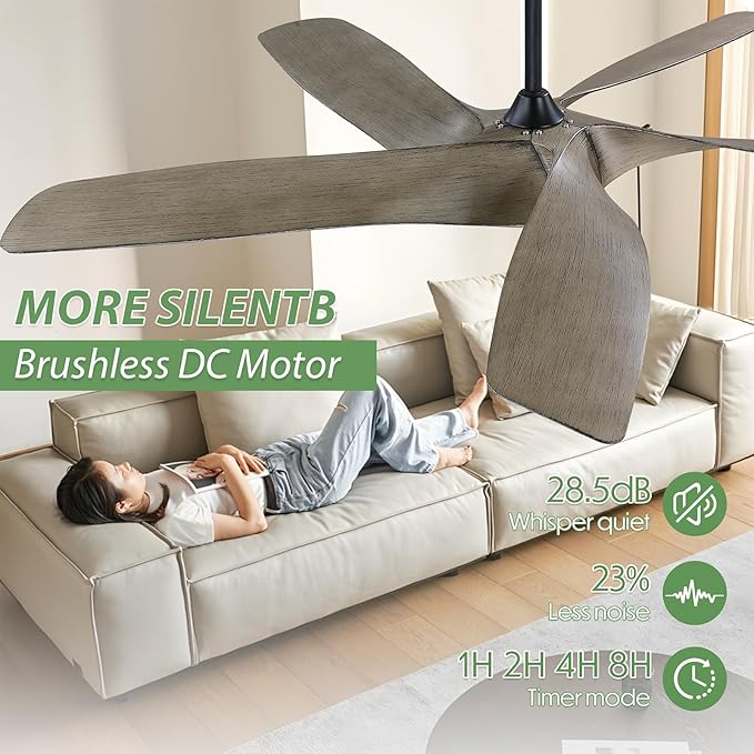 60 inch Wood Ceiling Fans with Lights and Remote,5 Blades Large Walnut Ceiling Fan, Outdoor Ceiling Fanwith 6 Speeds,Reversible DC Motor, Timer for Living Room, Farmhouse, Patio(Grey Oak)