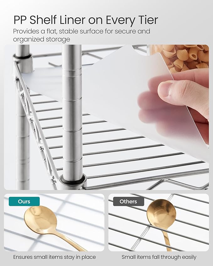 SONGMICS 5-Tier Bathroom Shelf, Storage Rack for Small Space, with 5 PP Shelf Liners, Removable Hook, Extendable Design, Silver and Translucent ULGR023S01