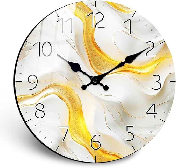 Modern Marble Texture Wooden Wall Clock for Living Room Decor 14 Inch Round Wall Clock Non - Ticking for Office, Home (Battery Operated)