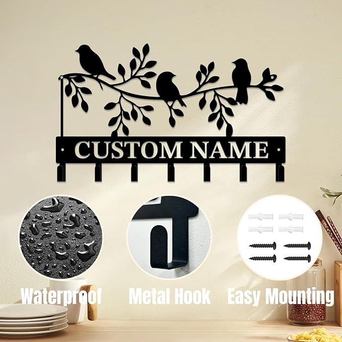 Personalized Custom Name Birds of Trees Wall Key Hooks,Metal Birds of Trees Art Clothes Hooks,Metal Birds of Trees Wall Home Storage Decorative,For Front Door, Hallway, Kitchen, Bedroom(Style H)