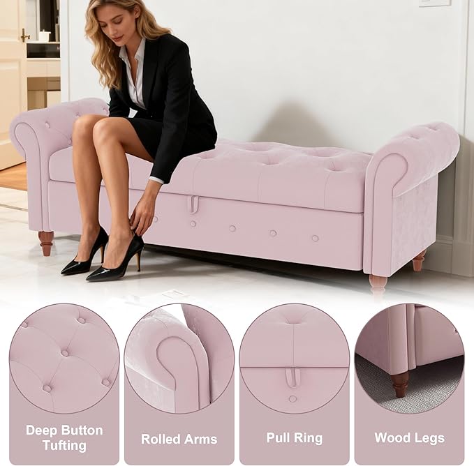 GNIXUU Ottoman with Storage Bench for Bedroom, 63" Velvet Upholstered End of Bed Storage Bench Seat, Rolled Arm Cushioned Ottoman with Wood Legs, Modern Window Chair for Living Room, Entryway, Pink