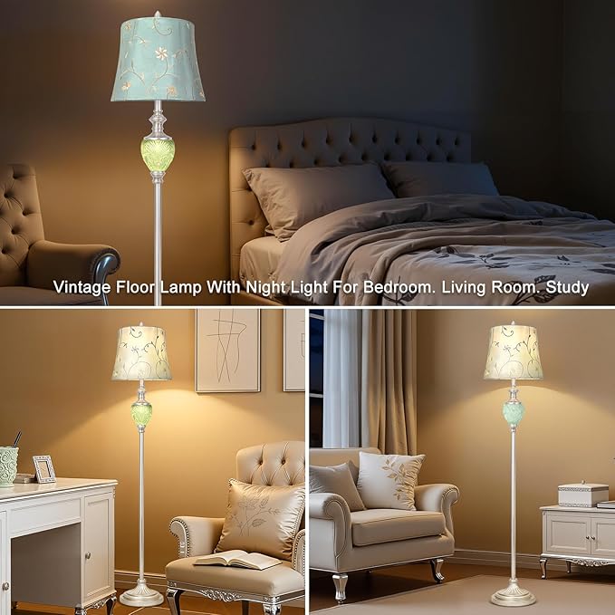 Vintage Floor Lamp for Living Room, 63" Tall Standing Lamp with Nightlight and Embroidered Shade, Farmhouse Floor Lamp with Silver Leaf Finish for Bedroom Corner, LED Bulb Included