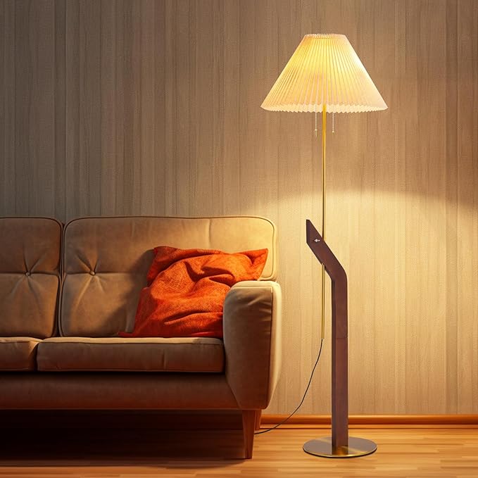 Wood Floor Lamp,Mid Century Modern Floor Lamp,Floor Lamps for Living Room, Height Adjustable Study Room,Bedroom,Office Gold Tall Standing Lamp