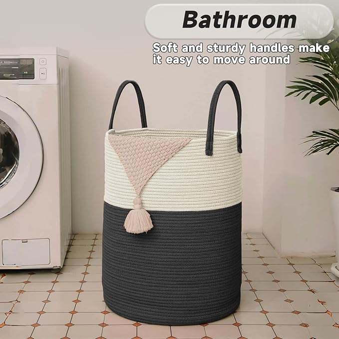 Large Woven Laundry Basket Hamper,60L Cotton Rope Storage Bin for Blankets,Toys and Clothes,Decorative Tall Nursery Hamper for Living Room,Baby Nursery,Bathroom and Bedroom,White and Black