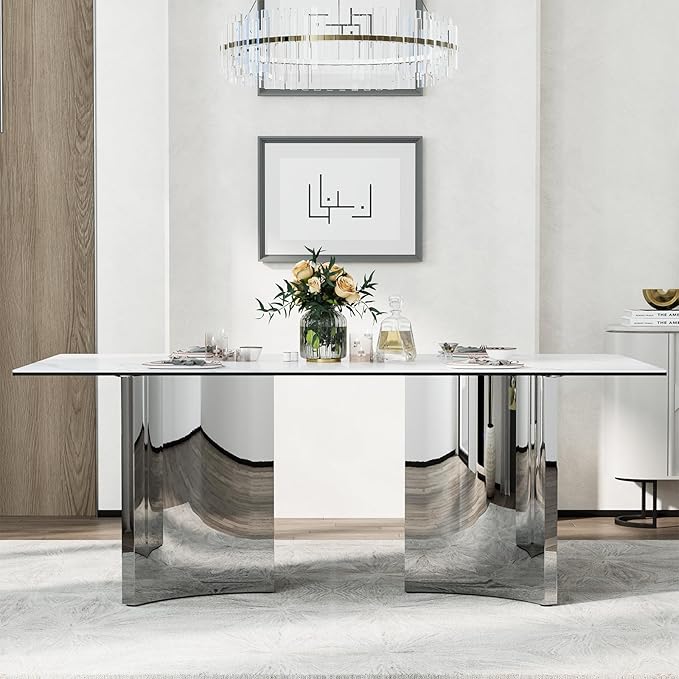 Asday 78-Inch Sintered Stone Rectangular Dining Table, Large Kitchen Table with Chrome Triangle Stainless Steel Double Pedestal for Living Room, Kitchen, Dining Room, White and Silver