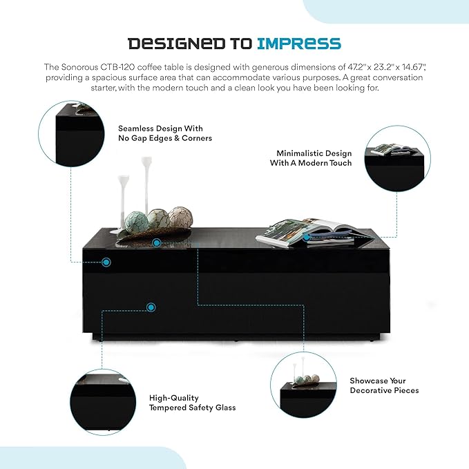 SONOROUS Premium Tempered Glass Coffee Table - Modern Black Rectangular Coffee Tables for Living Room - High Gloss Fingerprint Resistant Mid Century Design - Stylish Living Room Furniture & Décor