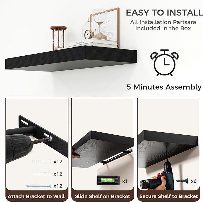 Floating Shelves for Wall, 30" W x 12" D x 2" H, 2 Pack of Long Wall Mounted Engineered Wood Shelves with Invisible Brackets for Living Room, Bedroom, Bathroom, Kitchen Decor, Black