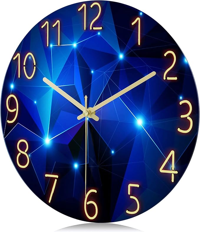 Lafocuse 12 Inch Silent Blue Wall Clocks Battery Operated for Bedroom, Blue Glass Wall Clock for Living Room Kitchen Decor