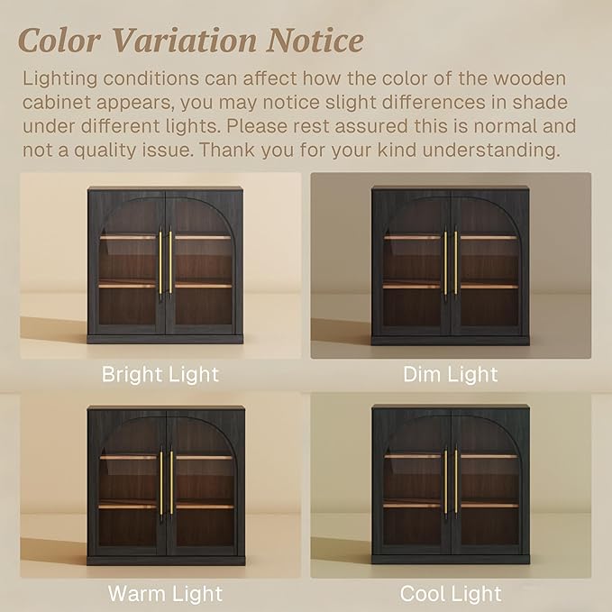 BELLEZE Set of 3 Modular Sideboard with Arched Glass Door, Accent Display Buffet Cabinet with Storage and Adjustable Shelves,Classic Modern Credenza for Dining Room Living Room Entryway (Ebony)