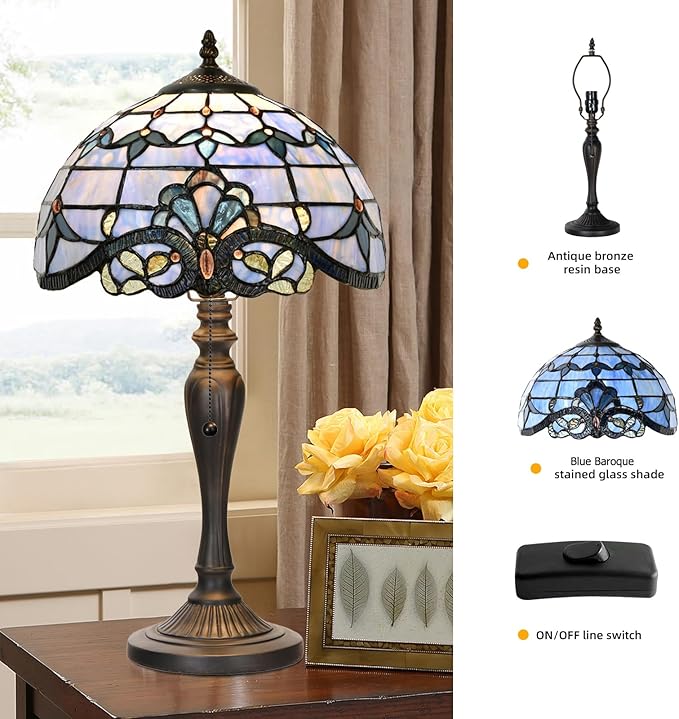 TL0015 Blue Baroque Tiffany Table Lamp Stained Glass Reading Desk Light 12 X 20 Inches for Bedroom Living Room, Handcrafted Artwork for Home Office, LED Bulb Included (Blue Baroque)