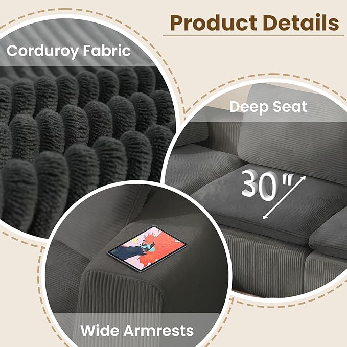 Oversize 131” Boneless Couch for Living Room, Comfort U Shaped Cloud Couch Sectional, Extra Deep Seats Corduroy Modular Sectional Sofa No Assembly,Grey