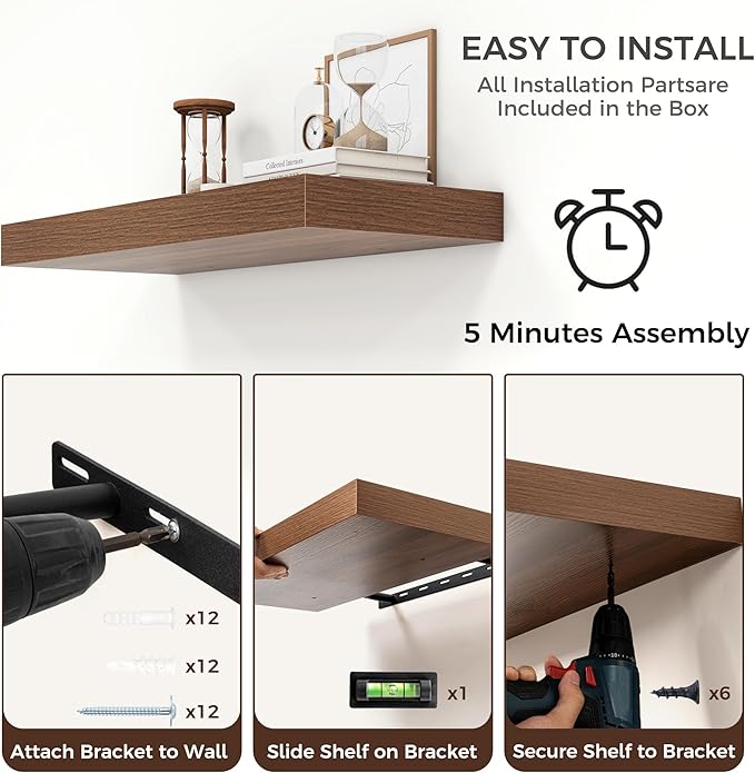 Floating Shelves for Wall, 30" W x 12" D x 2" H, 2 Pack of Long Wall Mounted Engineered Wood Shelves with Invisible Brackets for Living Room, Bedroom, Bathroom, Kitchen Decor, Walnut