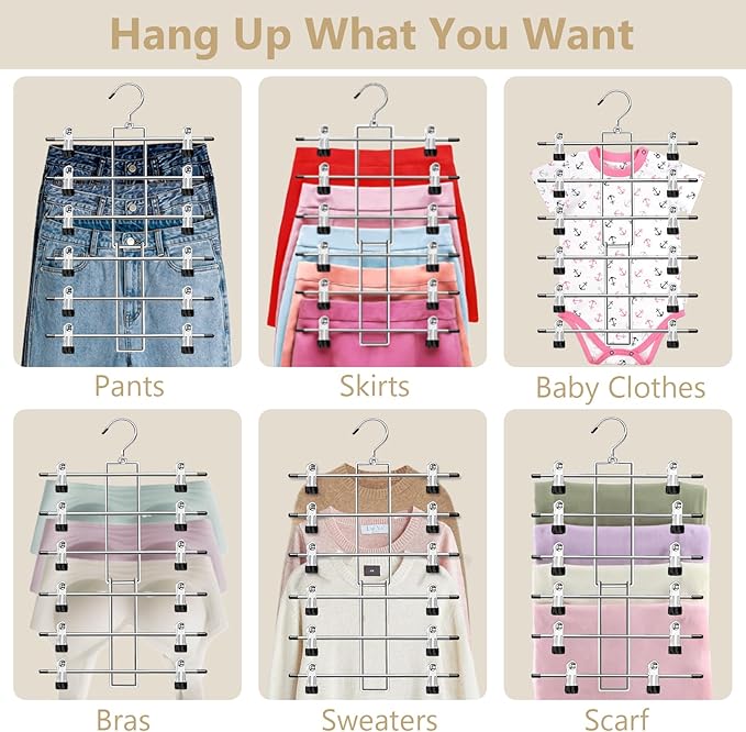 Pants Hangers with Clips,Space Saving Hanging Closet Organizer-6 Tiers Skirt Hangers with 360° Swivel Hook,Closet Organizer-Clothes Hangers