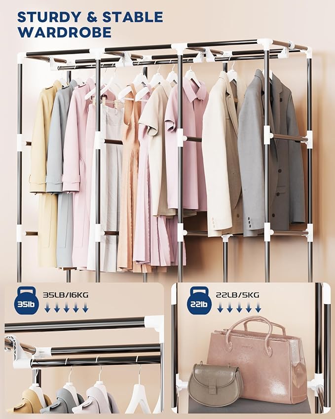 Mavivegue Portable Closet, Wardrobe Closet Organizer with Cover, 3 Hanging Rods and Shelves,Large Capacity for Bedroom, Living Room (Gray, 50" W x 17" D x 64" H)