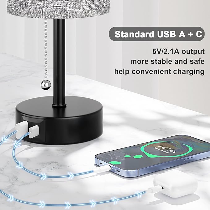 Grey Bedside Lamps for Bedroom Set of 2 - Nightstand Table Lamp with USB A + C Charging Port, 3 Color Temperatures Pull Chain Night Stand Light, Side Table Desk Reading Lamp for Living Room/Dorm Room