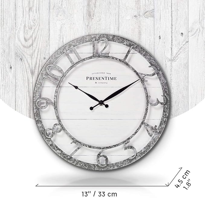 Presentime & Co 13" Farmhouse Series Wall Clock, Quartz Movement, Shiplap Style,Raised 3D Arabic Numeral, Galvanized Finish