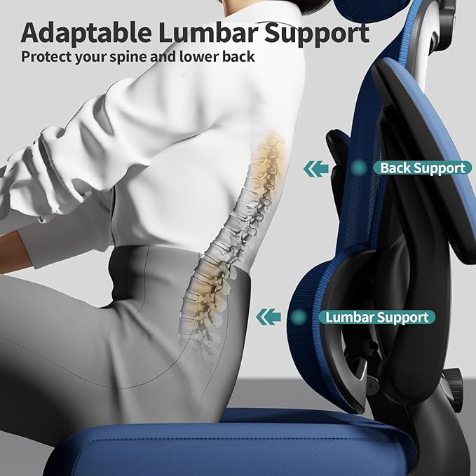 TRALT Office Chair Ergonomic Desk Chair, 330 LBS Home Mesh Office Desk Chairs with Wheels, Comfortable Gaming Chair, High Back Office Chair for Long Hours (Black+Blue)