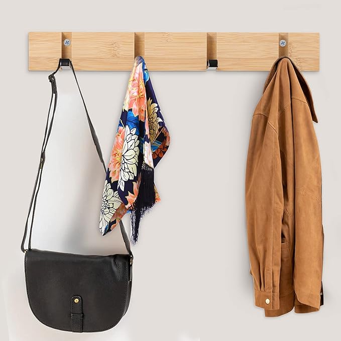 Wall Mounted Coat Rack with Foldable Hooks - Modern Space-Saving Wooden Entryway Organizer for Coats, Bags, Hats, Keys (4 Hooks, Natural Finish